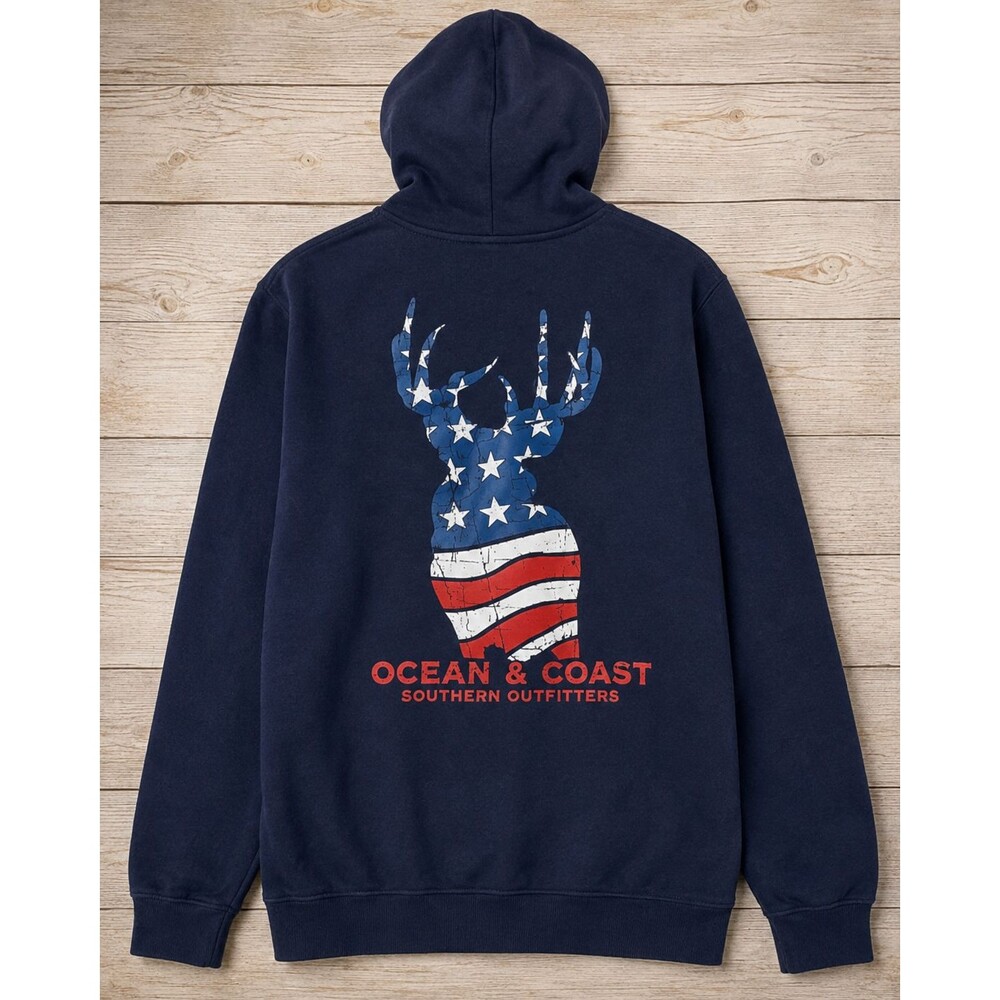 American Flag Deer Hoodie Ocean & Coast Hunting Graphic Pullover Mens Large